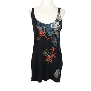Vintage Y2K Damsel black floral and bird graphic tunic tank top S